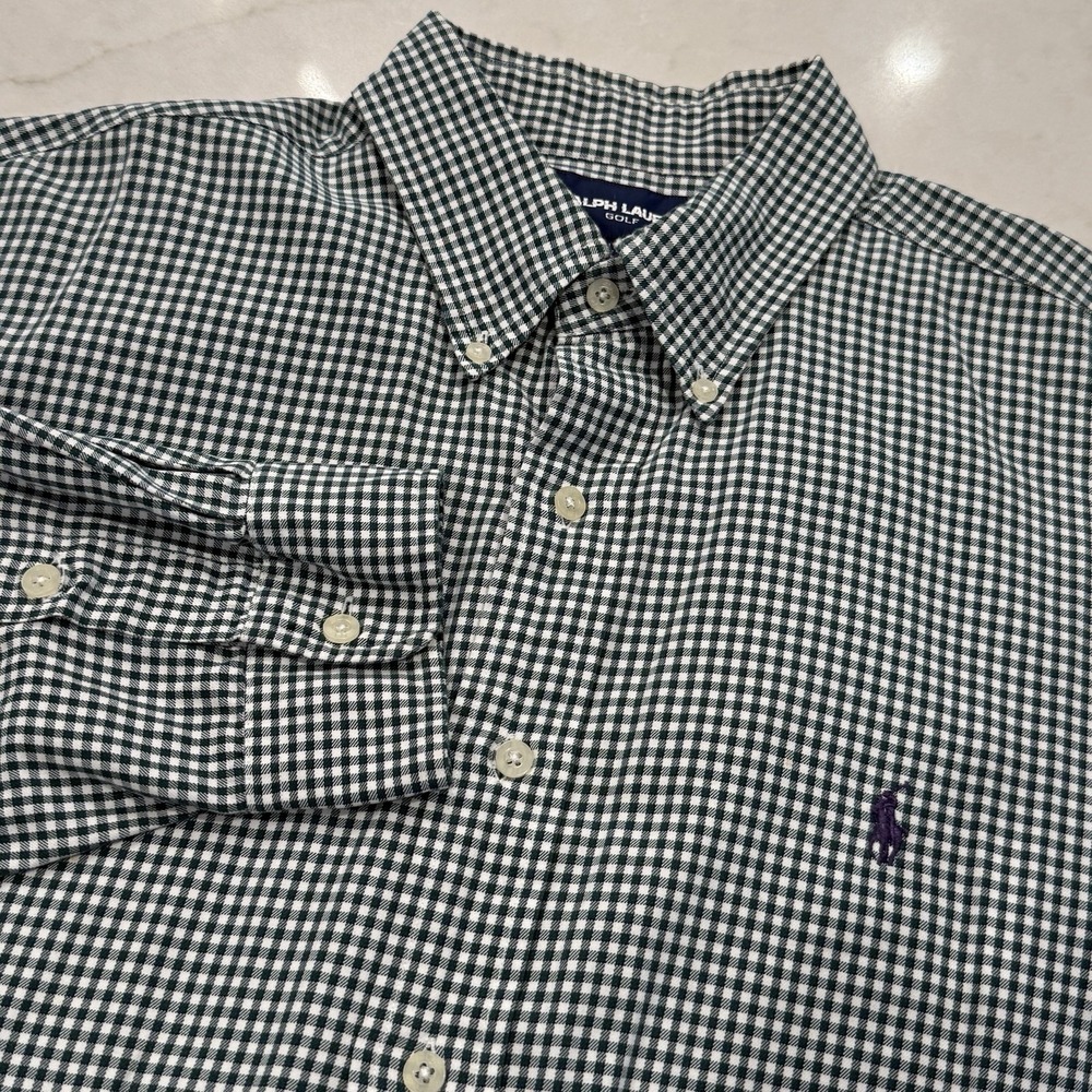 Ralph Lauren Golf Tilden Button Down Shirt XL Green Gingham Two-Ply Cotton